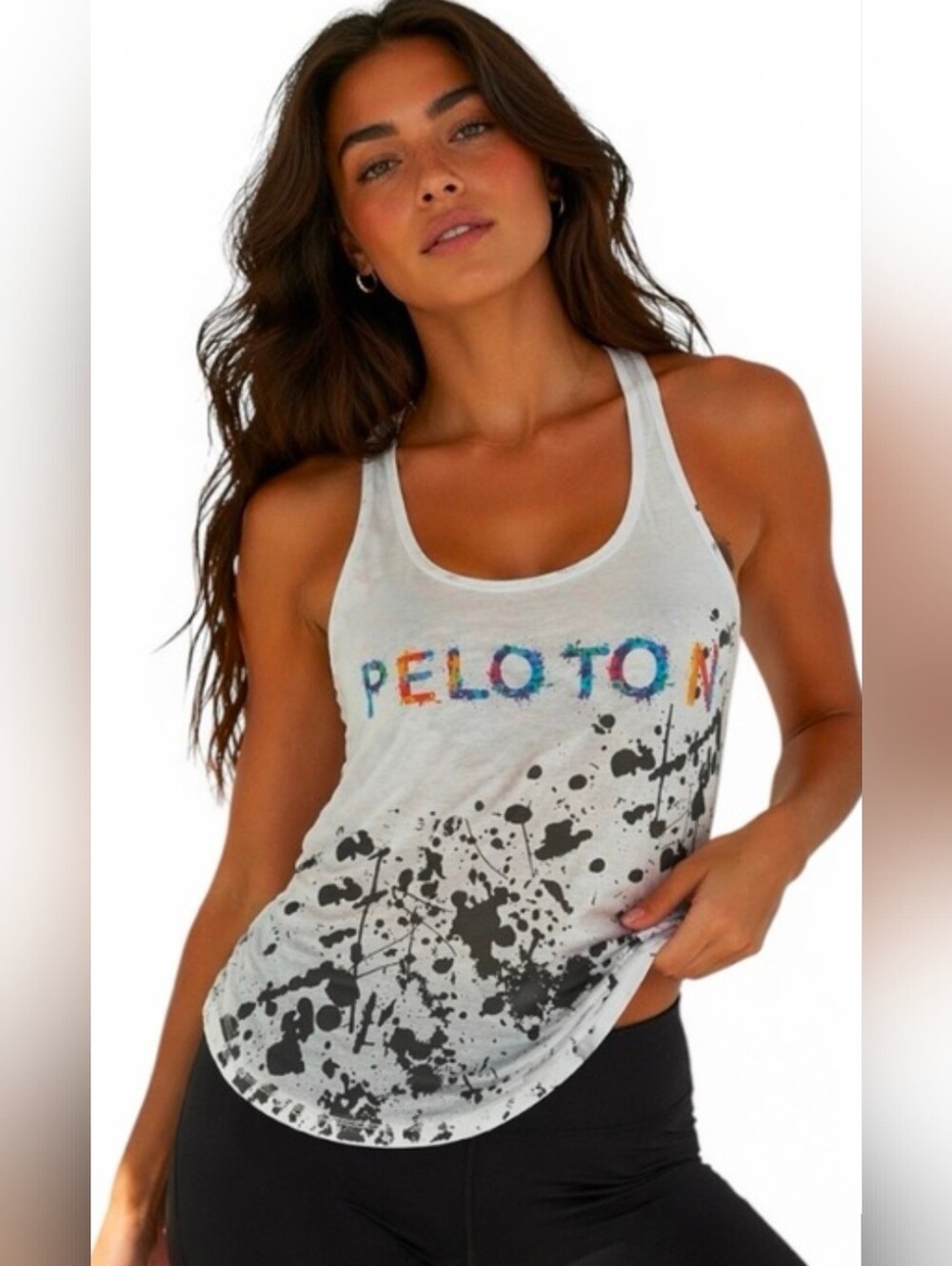 Terez  & Peloton White Tank with Multicolor PELOTON Logo and Black Paint-Splash